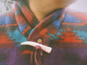 Image description: photo of a colorful wool coat collar and clasp and the neck of someone looking sideways.
