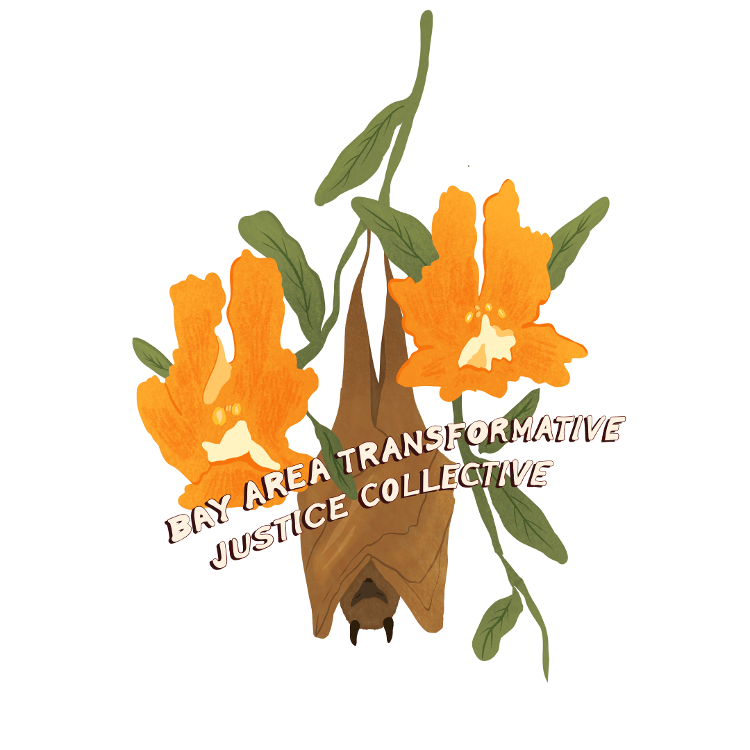 Bay Area Transformative Justice logo of a sticky monkey flower with an upside down bat.