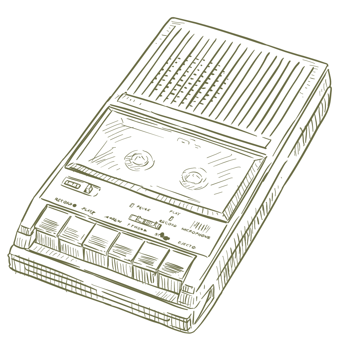 image description: hand-drawn image of a portable tape cassette recorder